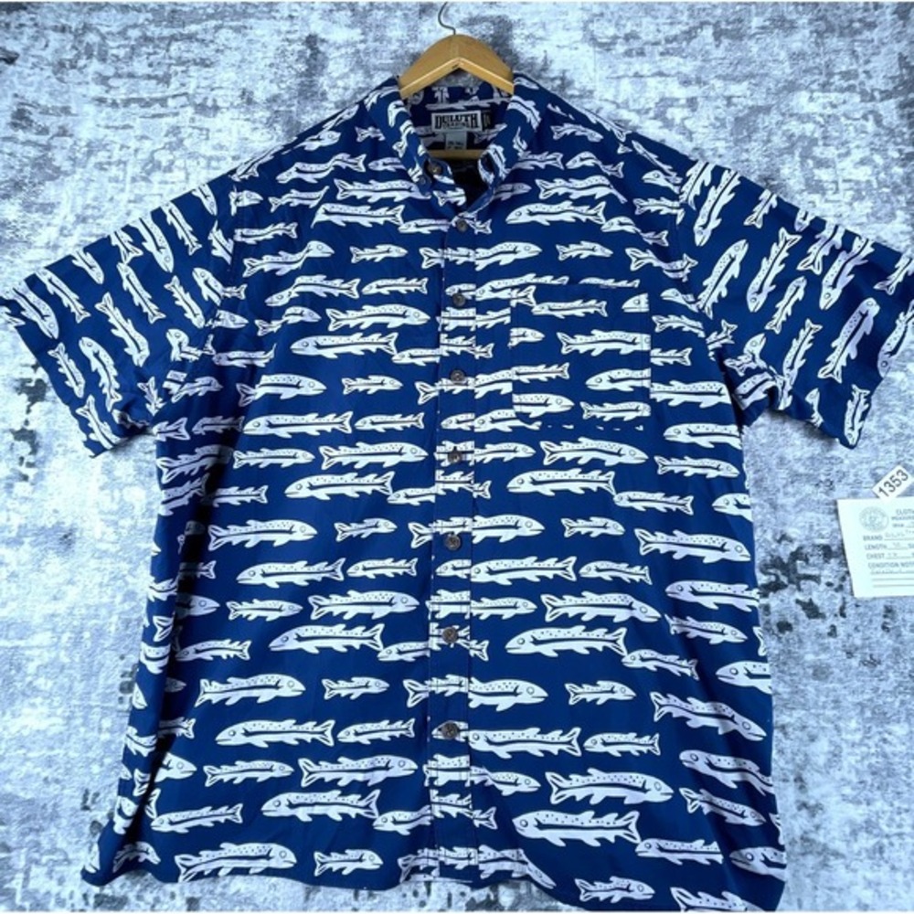 Duluth Trading Mens 2XL Tall Fish Print Trout Fishing Angler Shirt Relaxed Fit